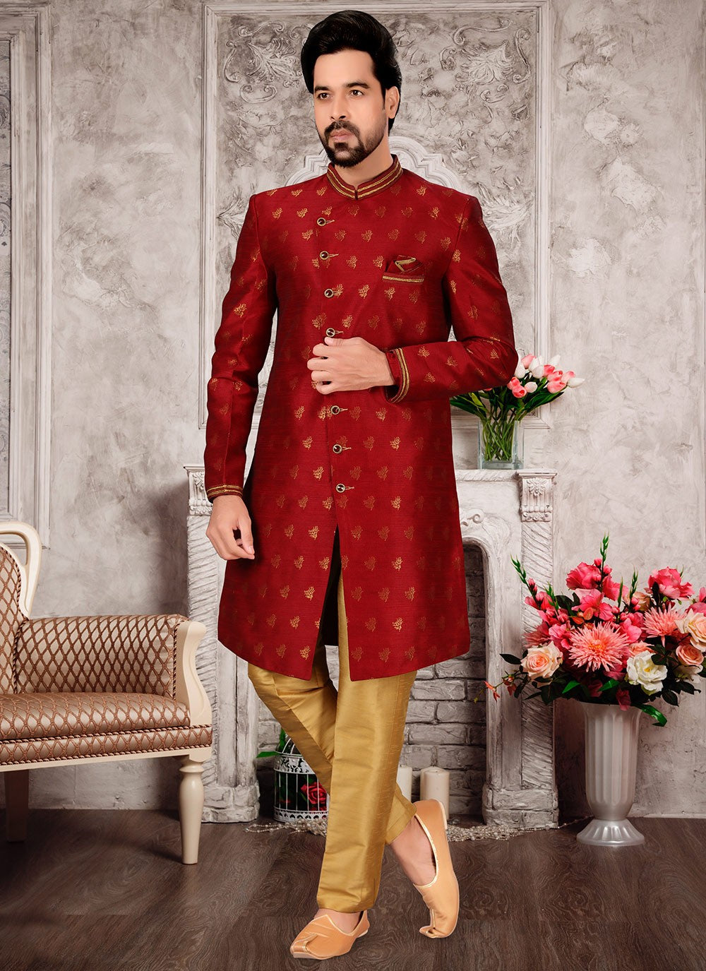 Jacquard Work Fancy Fabric Maroon Indo Western Sherwani - M2976