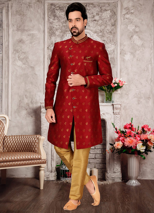 Jacquard Work Fancy Fabric Maroon Indo Western Sherwani - M2976