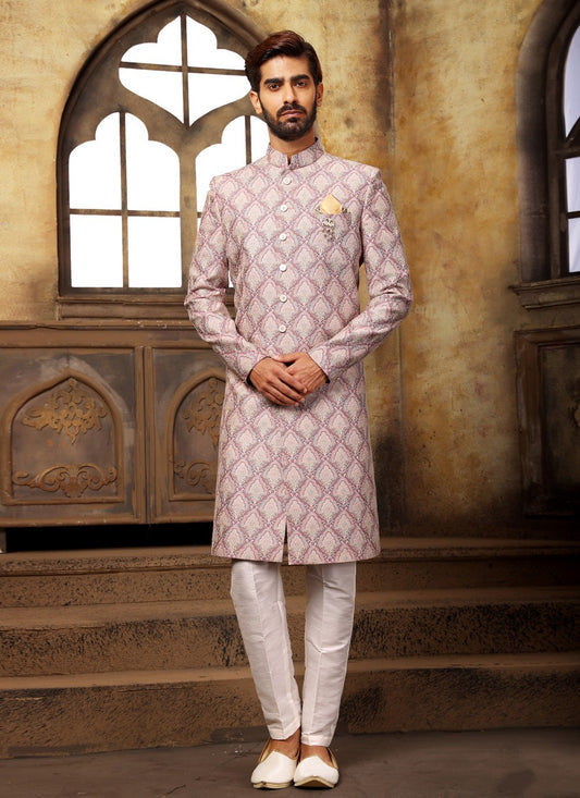 Digital Print Fancy Fabric Mauve Indo Western Sherwani - M3988