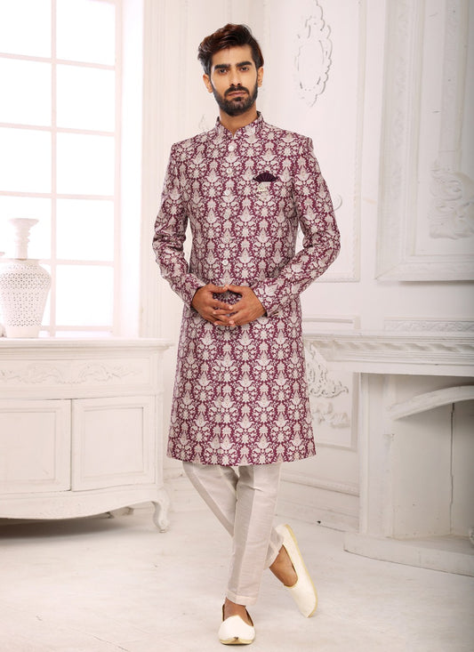 Digital Print Fancy Fabric Mauve Indo Western Sherwani - M3985