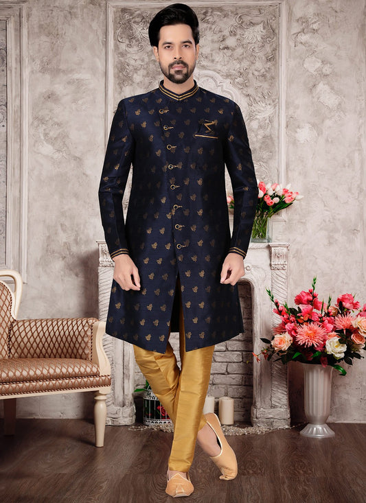 Jacquard Work Fancy Fabric Navy Blue Indo Western Sherwani - M2974