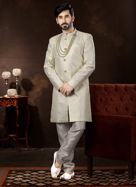 Embroidered Fancy Fabric Off White Sherwani - M3061