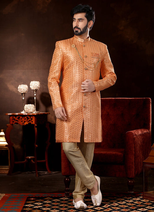 Embroidered Fancy Fabric Peach Sherwani - M3067