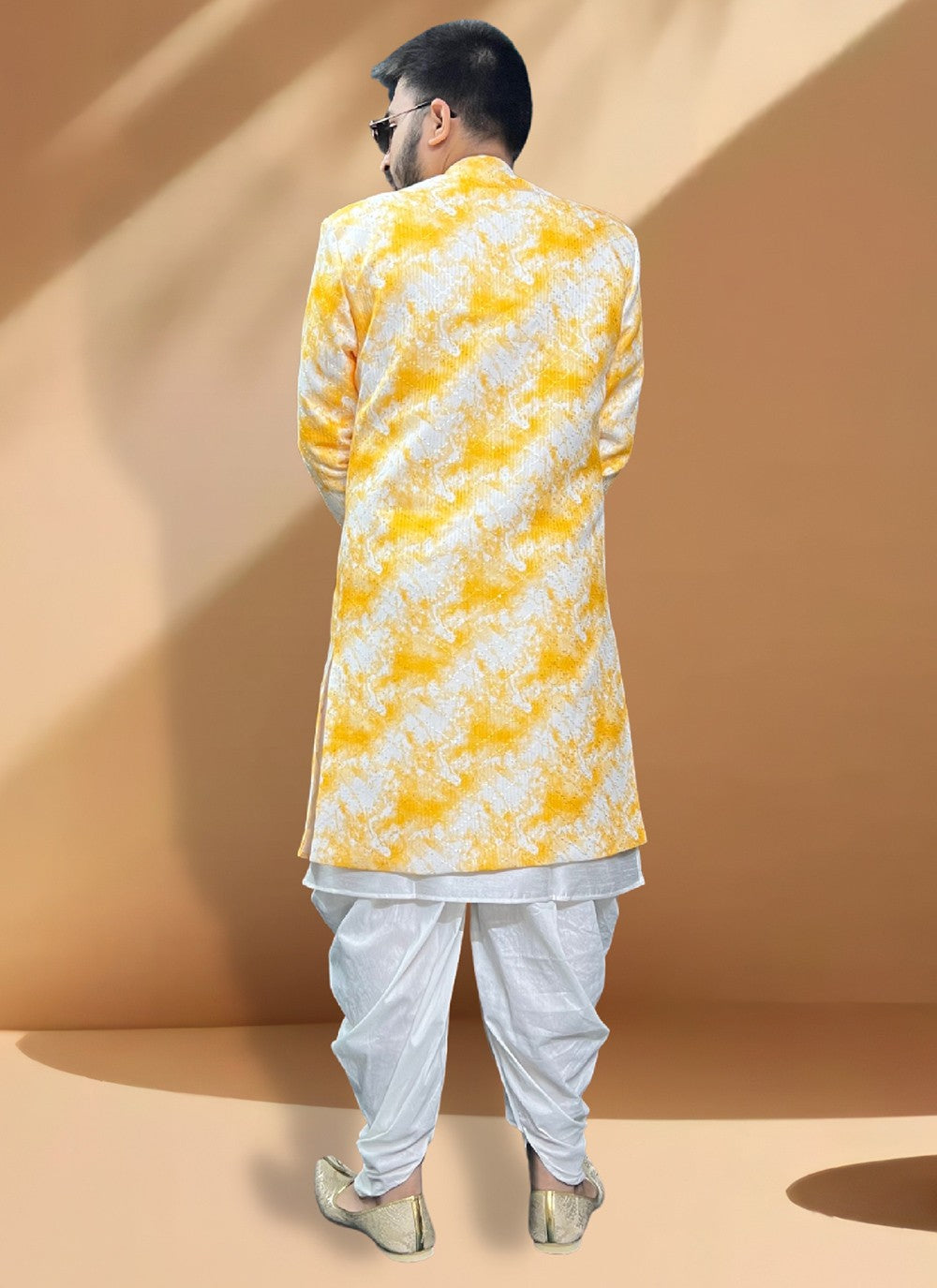 Printed Fancy Fabric Off White, Yellow Indo Western - M5351