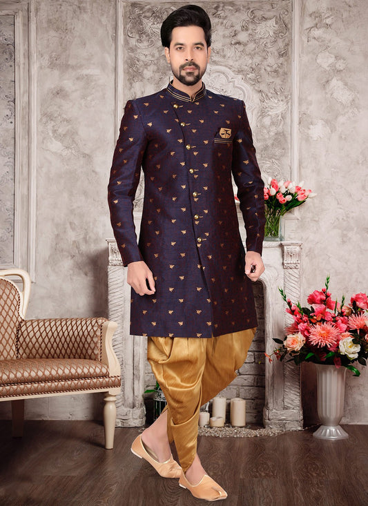 Hand Embroidery Fancy Fabric Navy Blue Indo Western Sherwani - M3000