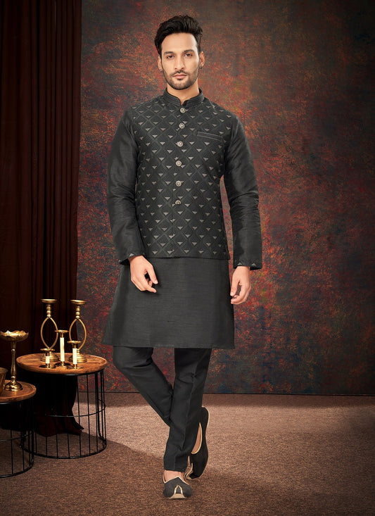 Fancy Work Jacquard Black Kurta Payjama With Jacket - M7181