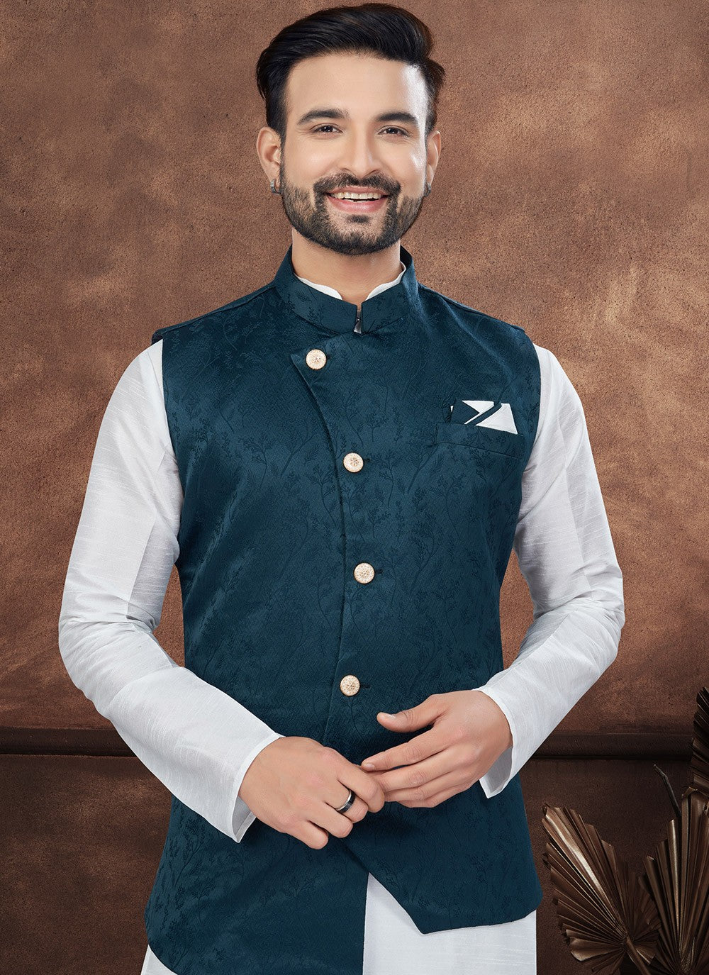 Buttons Dupion Silk, Imported, Jacquard Blue, Off White Kurta Payjama With Jacket - M8664