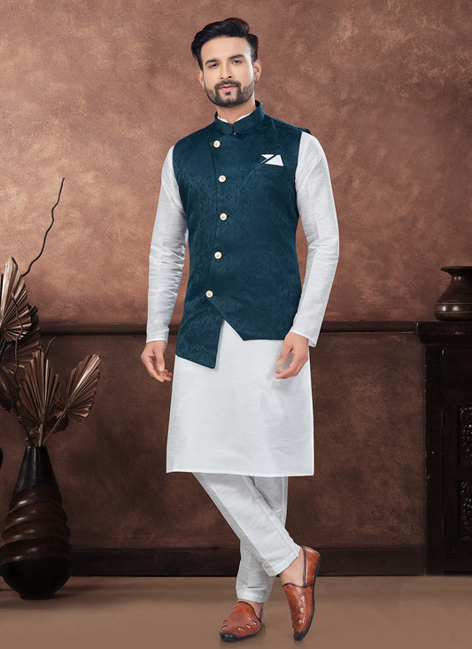 Buttons Dupion Silk, Imported, Jacquard Blue, Off White Kurta Payjama With Jacket - M8664