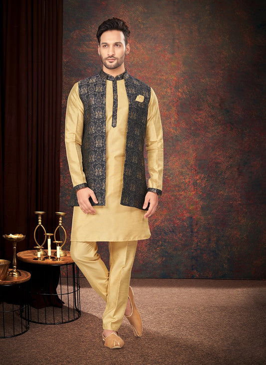 Fancy Work Jacquard Cream, Multi Colour Kurta Payjama With Jacket - M7186