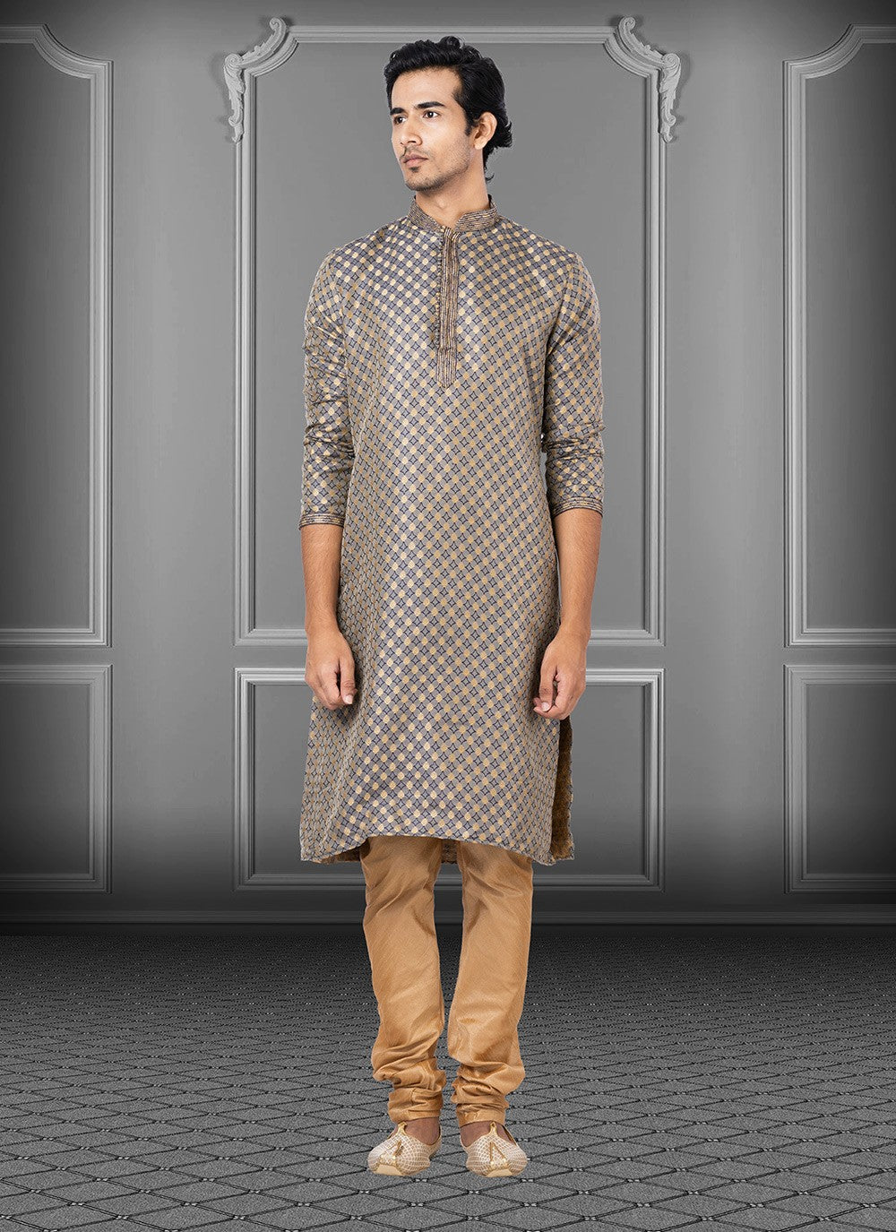 Fancy Work Jacquard Grey Kurta Pyjama - M3669