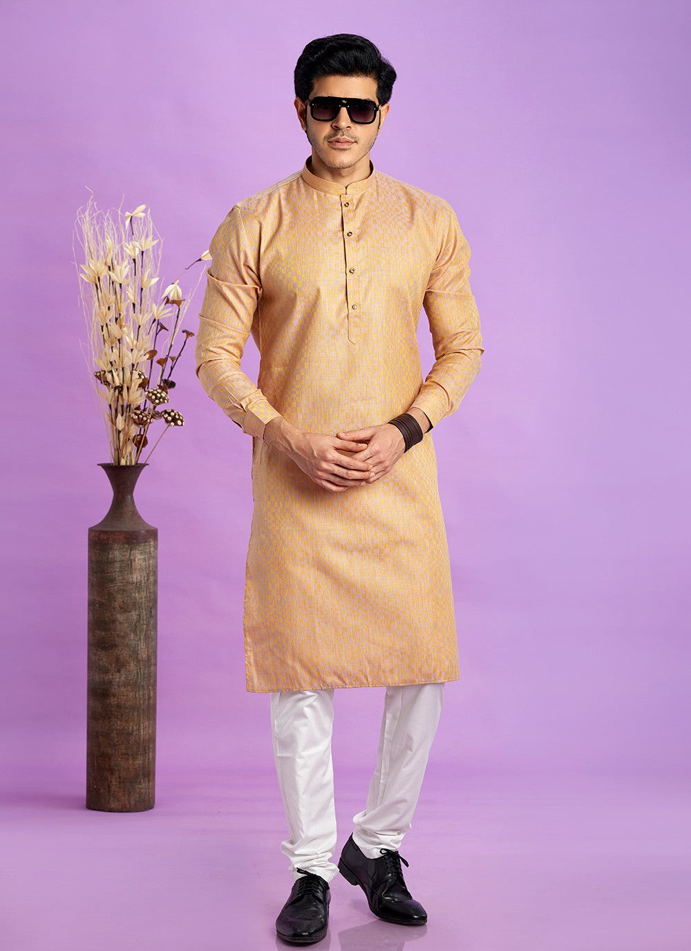 Fancy Work Jacquard Silk Brown Kurta Pyjama - M6928