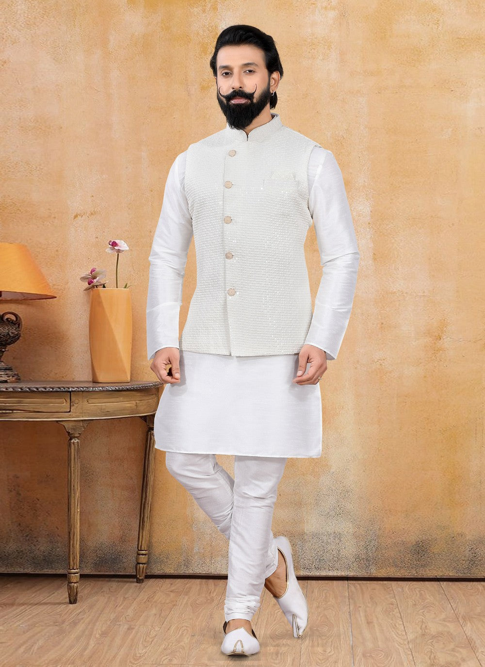 Fancy Work Lucknowi Cream Nehru Jackets - M4666