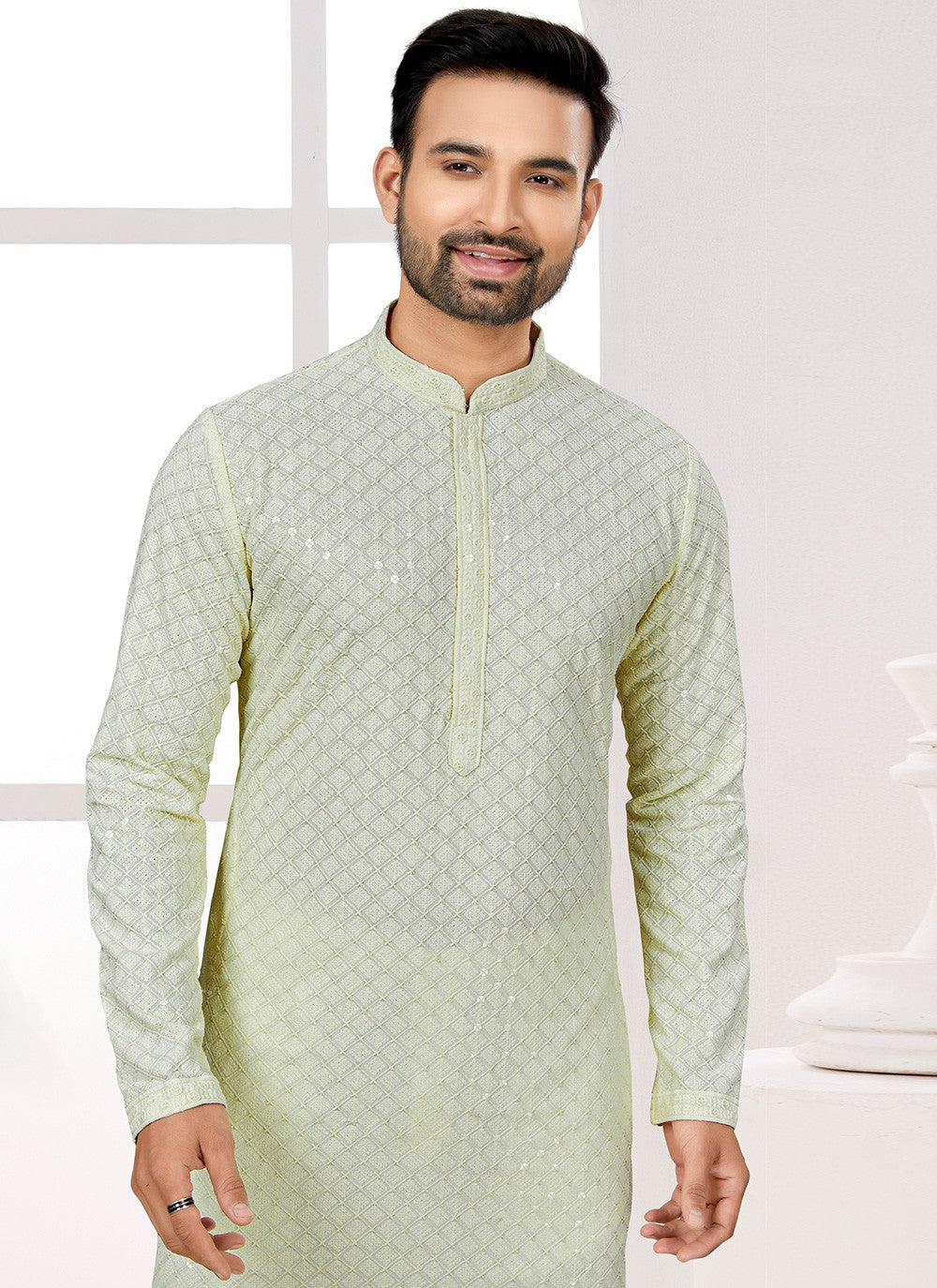 Fancy Work Rayon Sea Green Kurta Pyjama - M6676