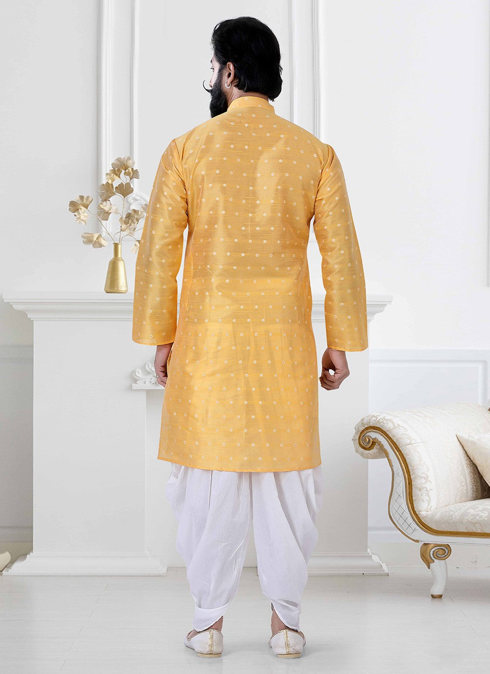 Fancy Work Silk Yellow Dhoti Kurta - M4170