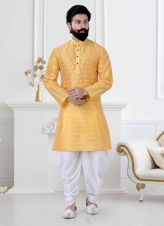 Fancy Work Silk Yellow Dhoti Kurta - M4170