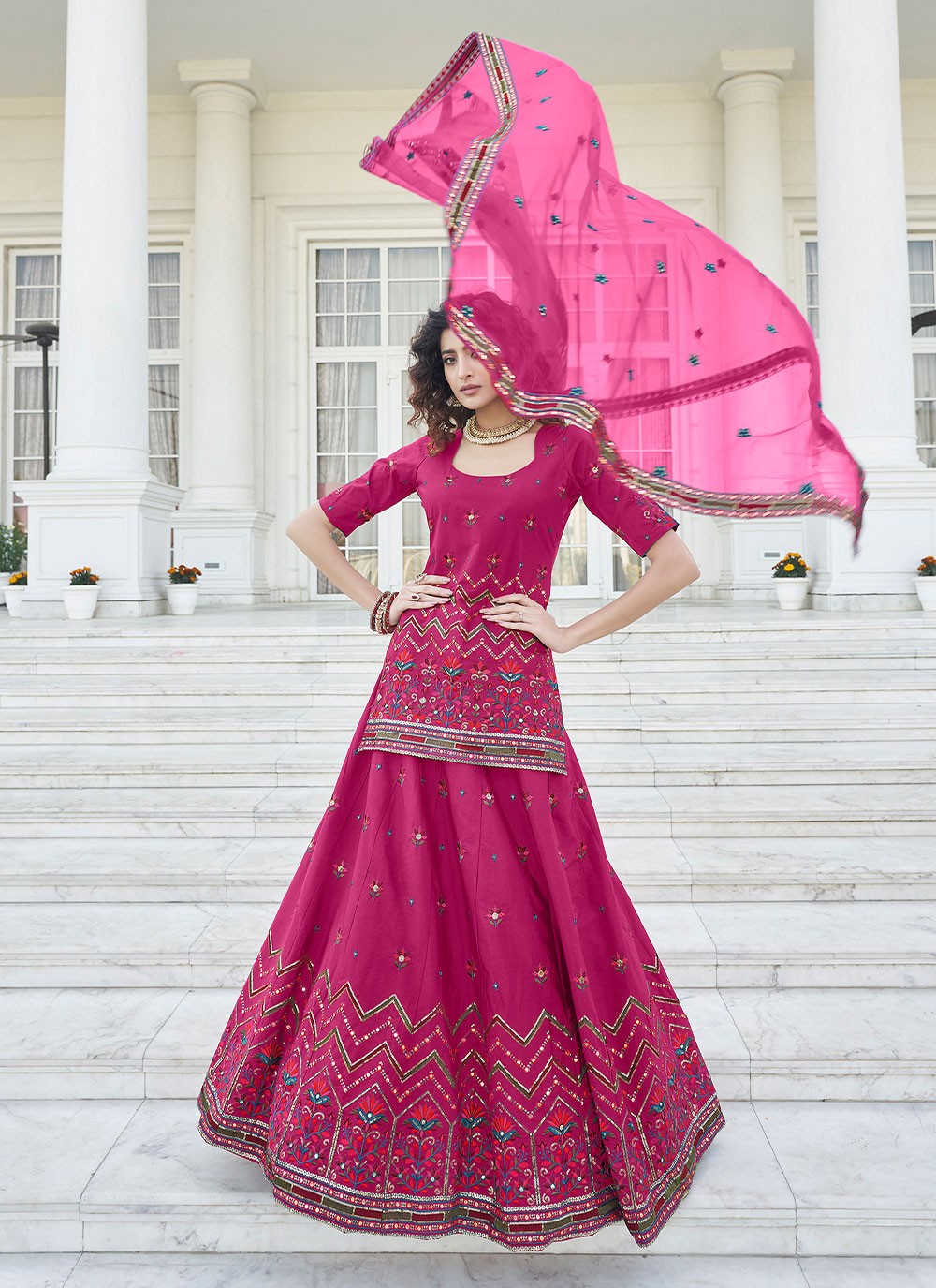 Embroidered Chinon, Faux Chiffon A - Line Lehenga - L0515