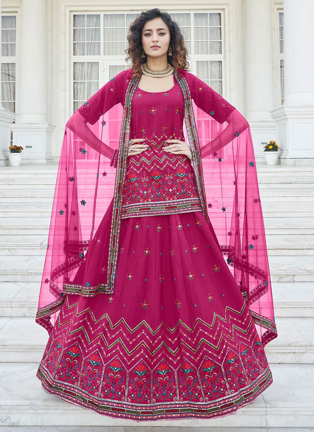 Embroidered Chinon, Faux Chiffon A - Line Lehenga - L0515