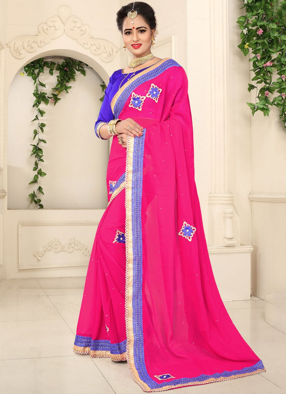 Classic Patch Faux Chiffon Saree - S0094