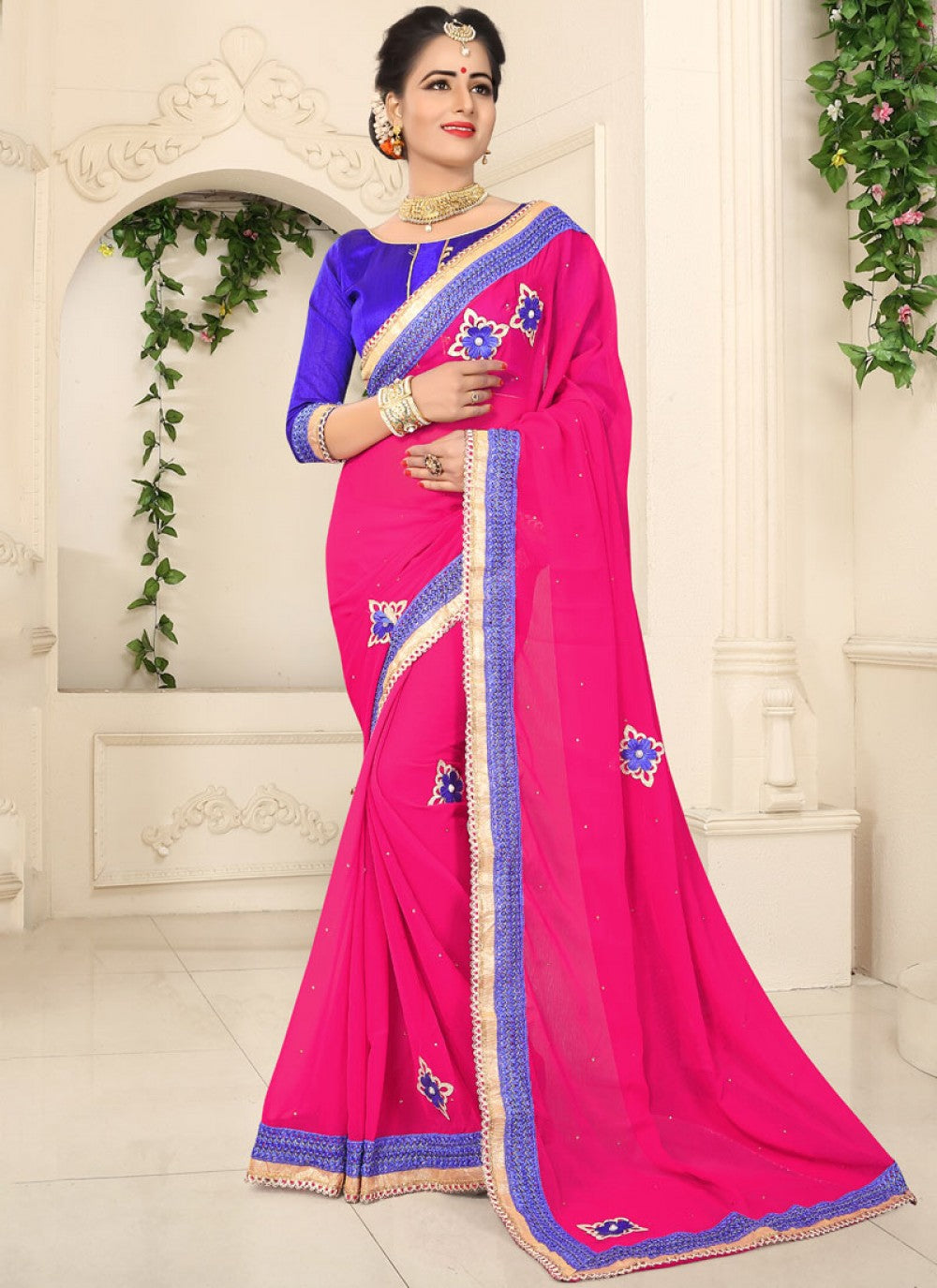 Classic Patch Faux Chiffon Saree - S0094