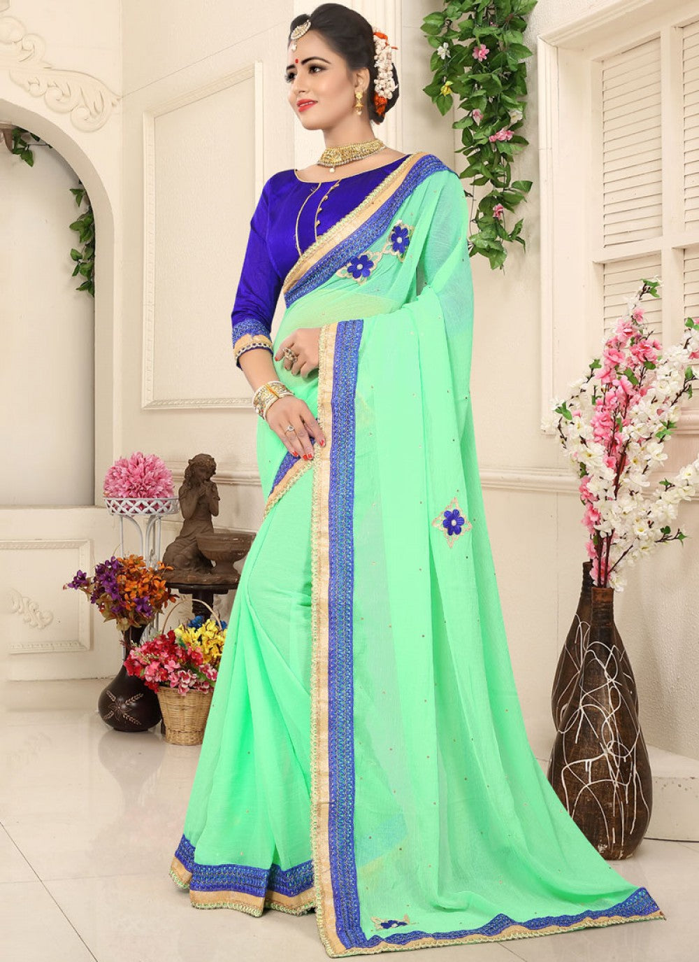 Classic Patch Faux Chiffon Saree - S0094