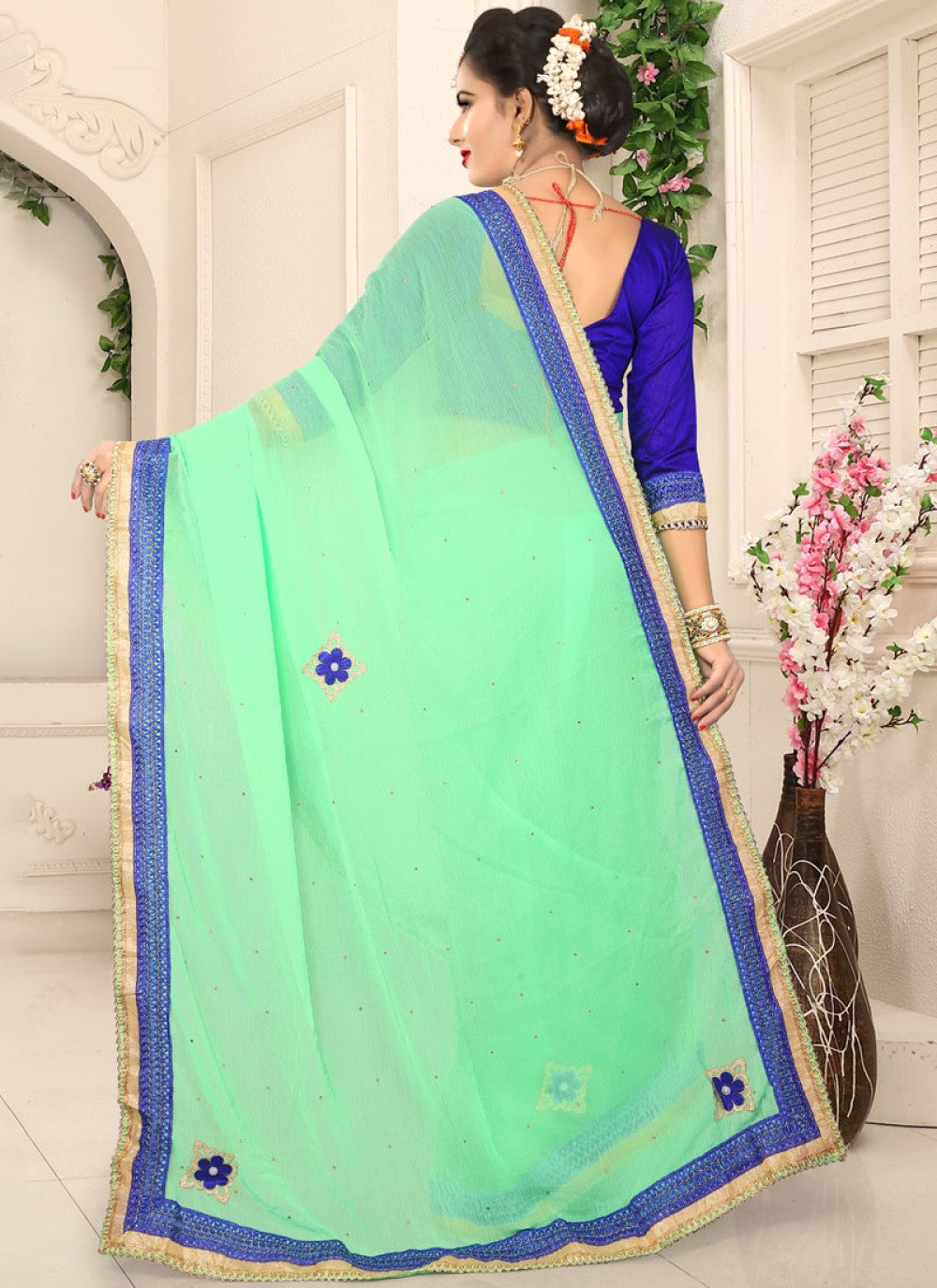 Classic Patch Faux Chiffon Saree - S0094