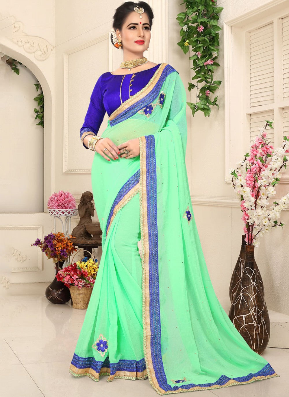 Classic Patch Faux Chiffon Saree - S0094