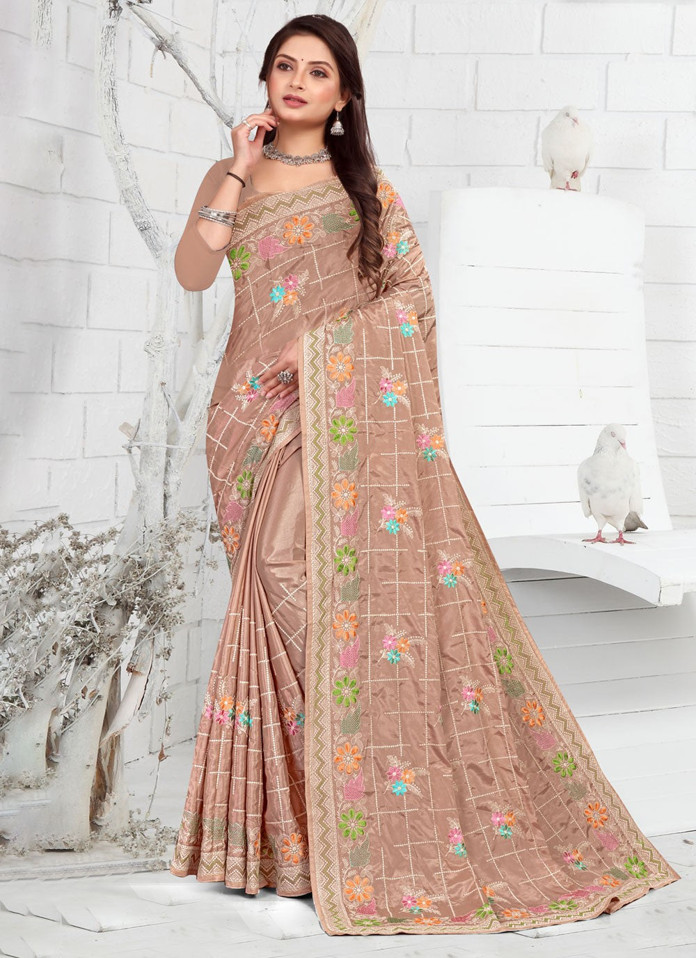 Classic Embroidered Faux Crepe Saree - S3733