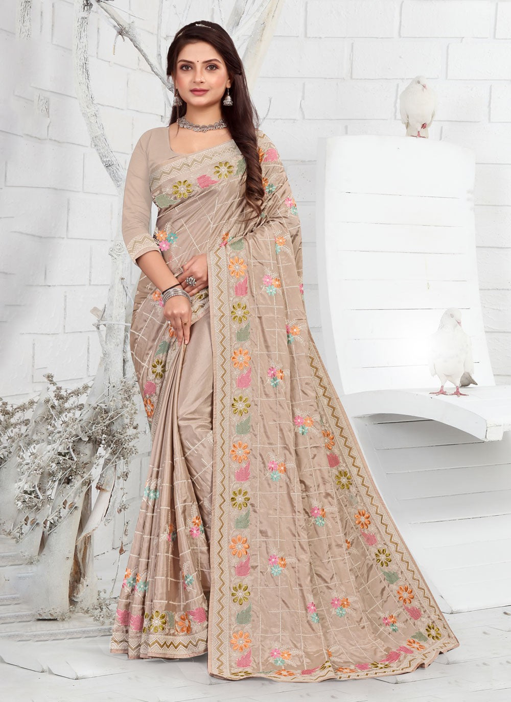 Classic Embroidered Faux Crepe Saree - S3733