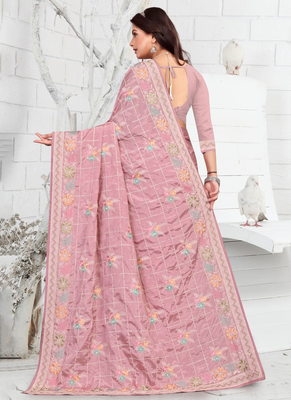 Classic Embroidered Faux Crepe Saree - S3733