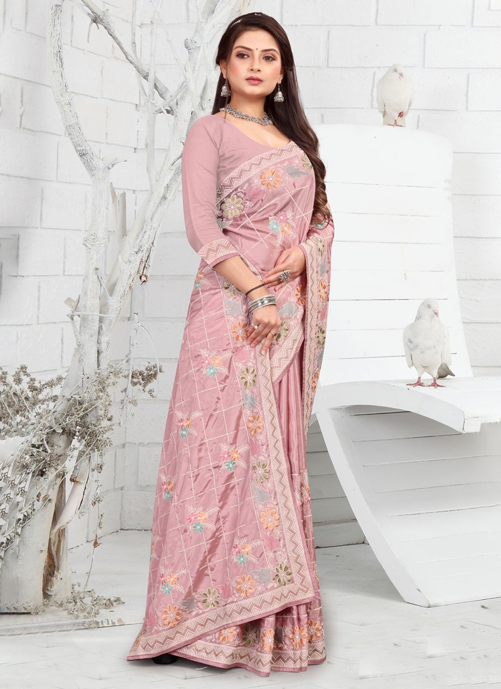 Classic Embroidered Faux Crepe Saree - S3733