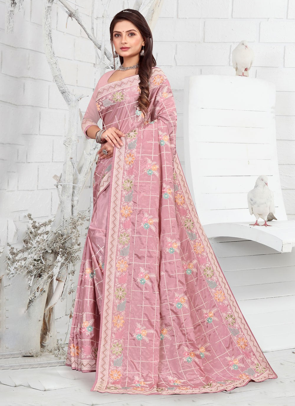 Classic Embroidered Faux Crepe Saree - S3733