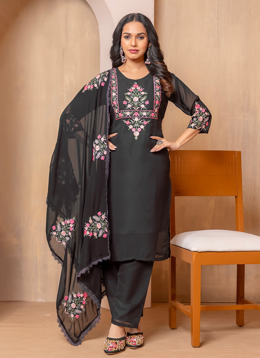 Embroidered Faux Georgette Pant Style Suit - T4743