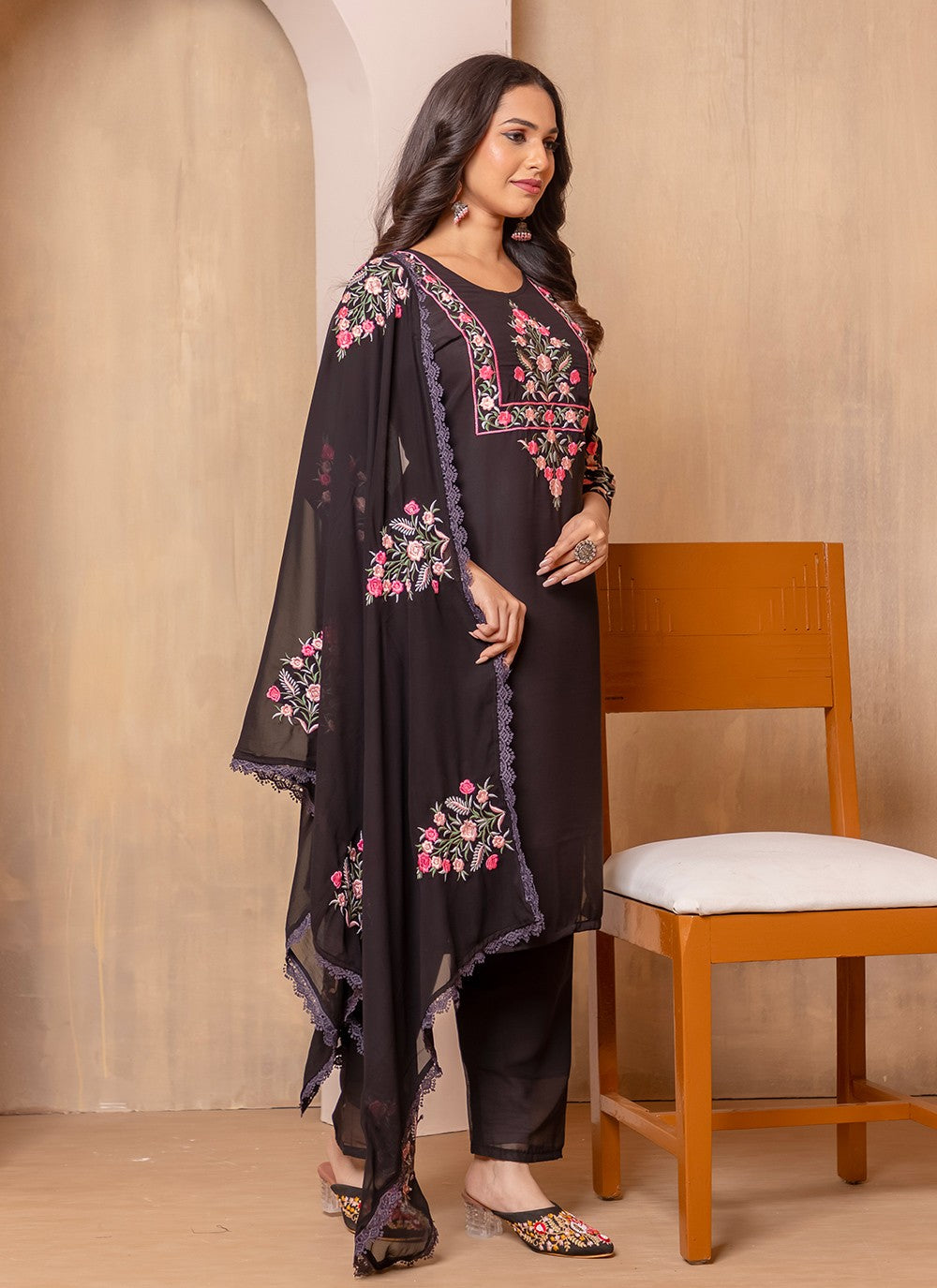 Embroidered Faux Georgette Pant Style Suit - T4743