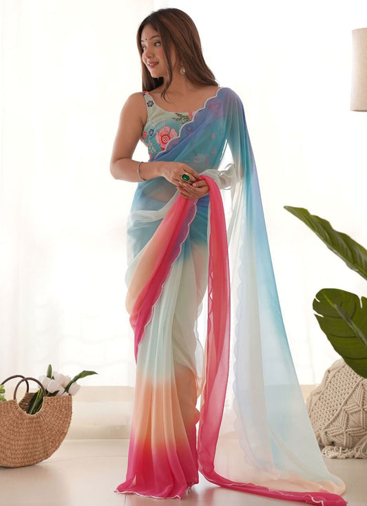 Shaded Border Work Faux Georgette Saree - S7681