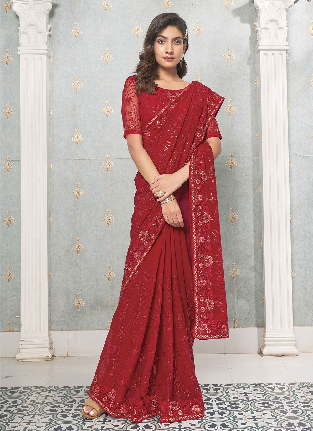 Trendy Embroidered Faux Georgette Saree - S4819