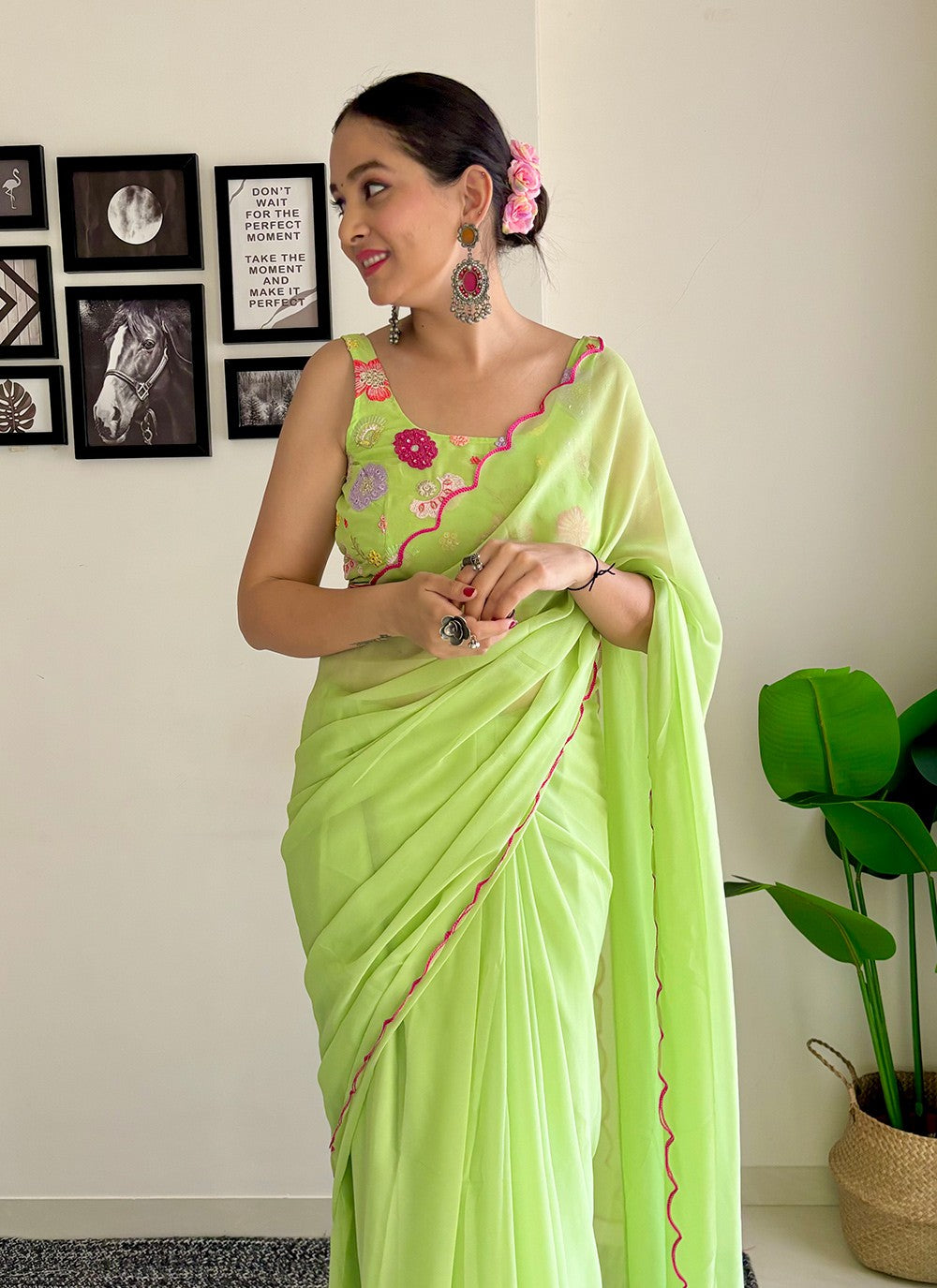 Traditional Border Work Faux Georgette Saree - S7576