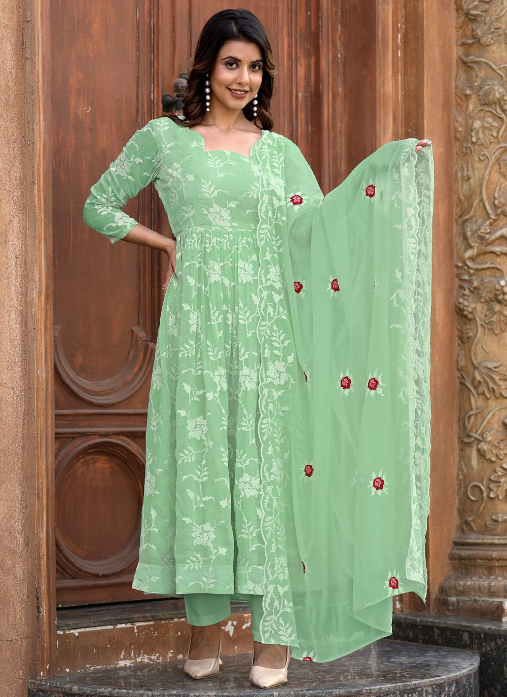 Embroidered Faux Georgette Salwar Suit - T4394