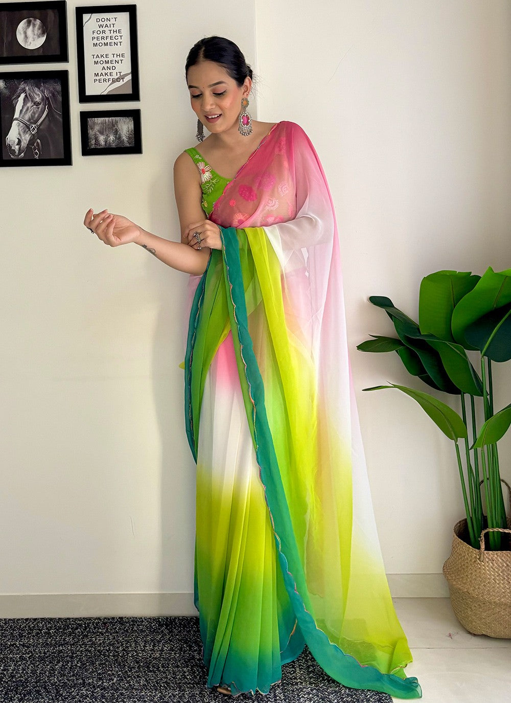 Contemporary Border Work Faux Georgette Saree - S7581