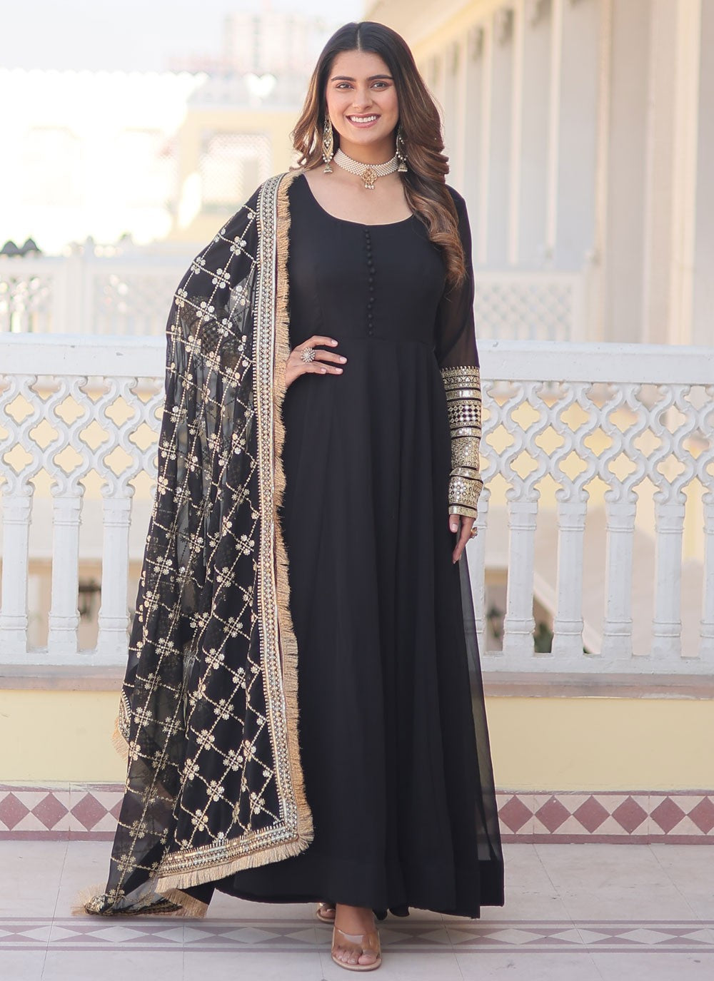 Embroidered Faux Georgette Gown - G6504A