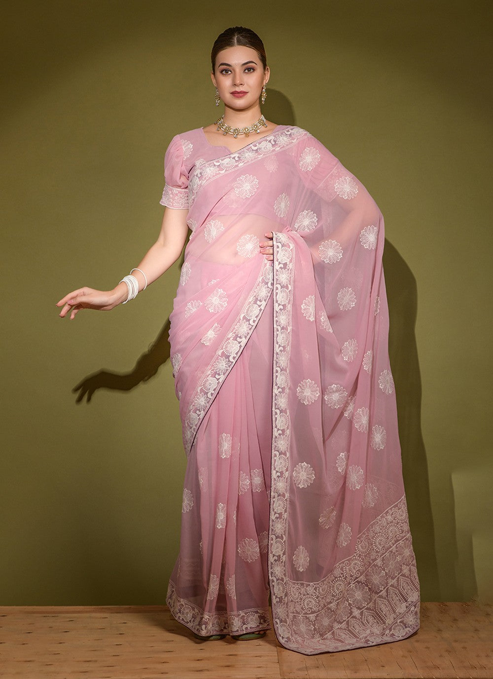 Contemporary Embroidered Faux Georgette Saree - S3148