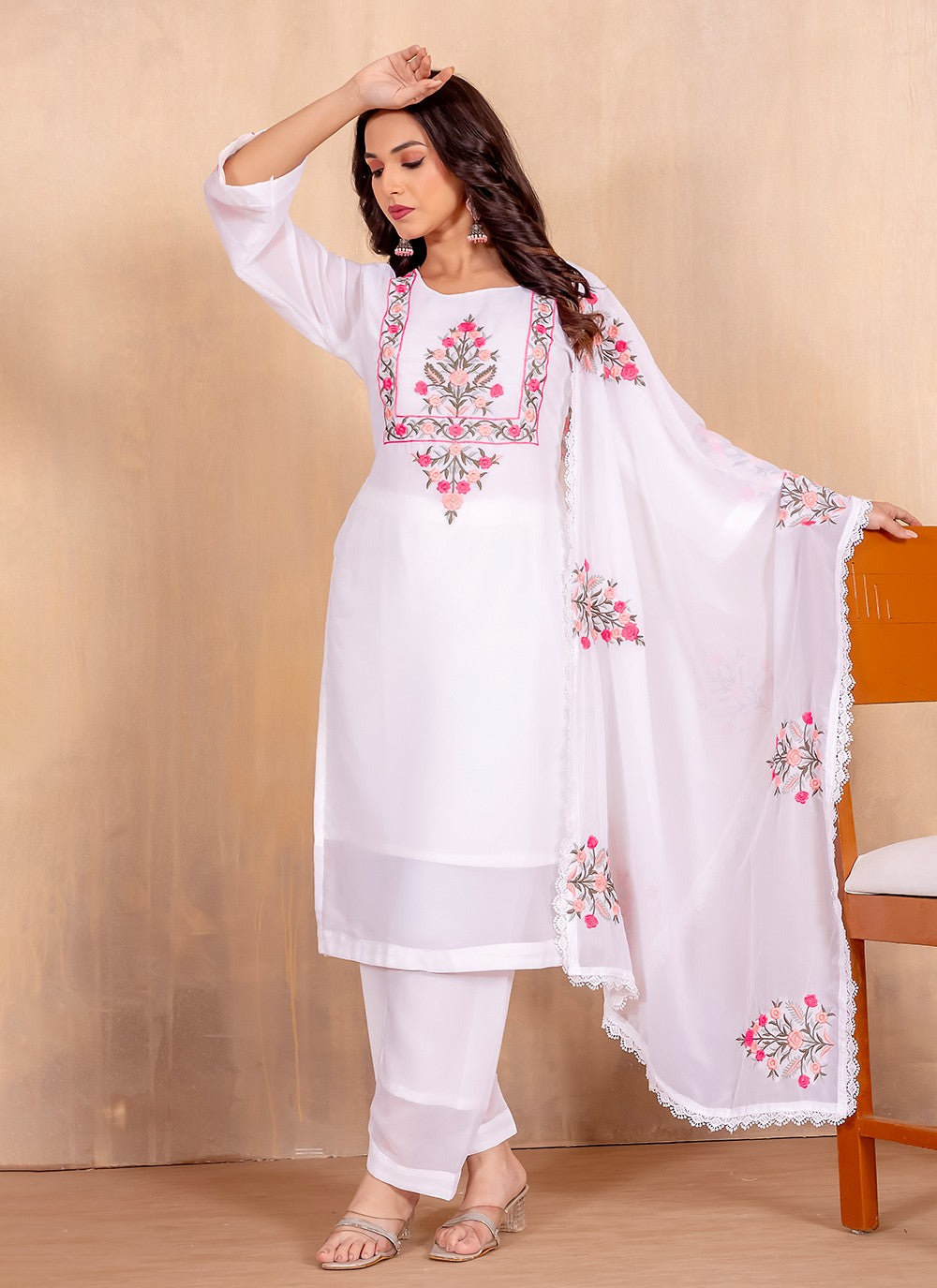 Embroidered Faux Georgette Pant Style Suit - T4743