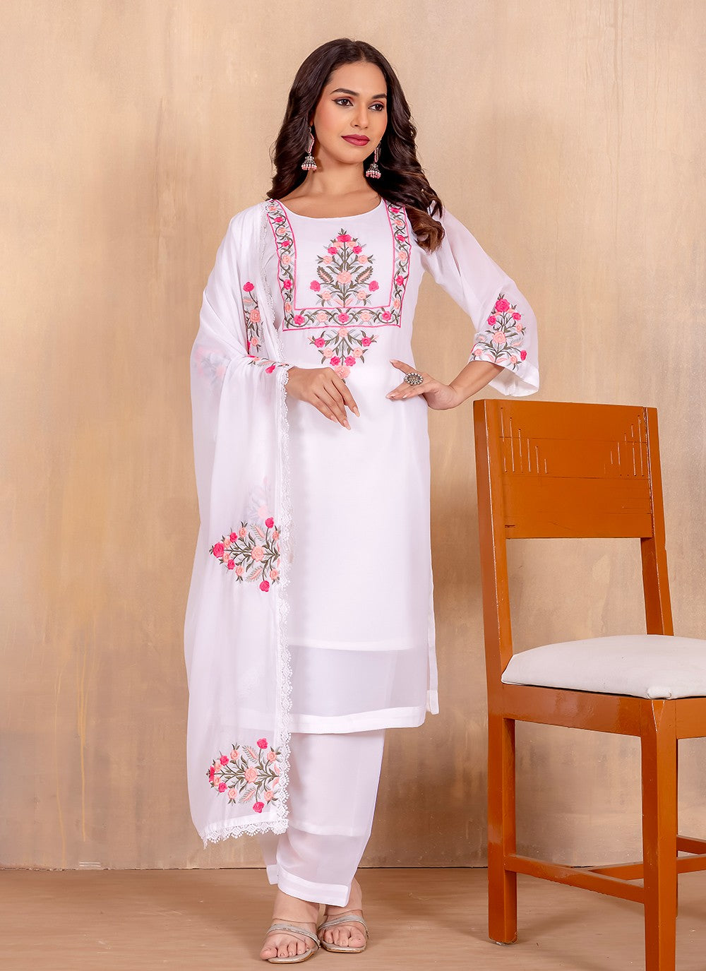 Embroidered Faux Georgette Pant Style Suit - T4743