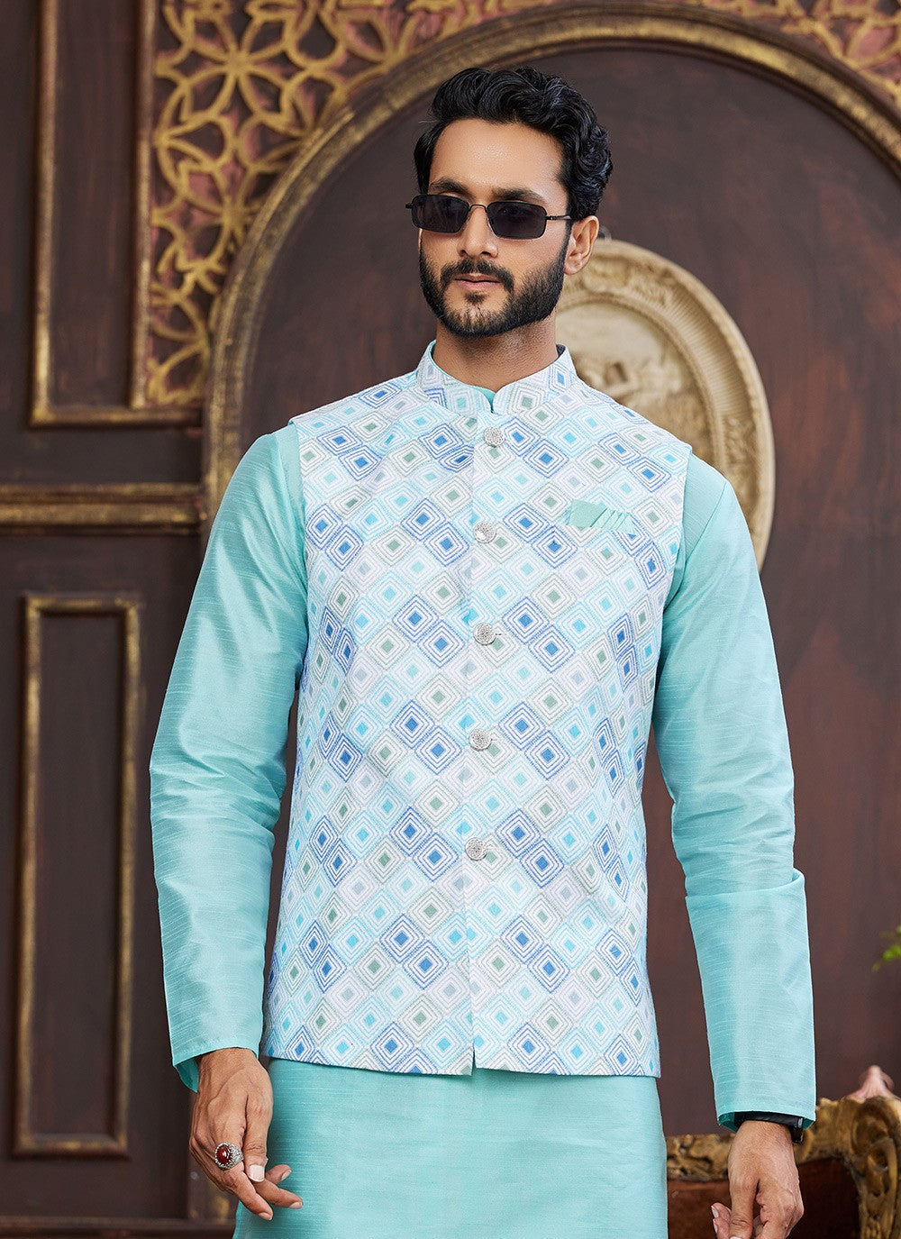 Digital Print Art Silk Firozi, Multi Colour Kurta Payjama With Jacket - M8724