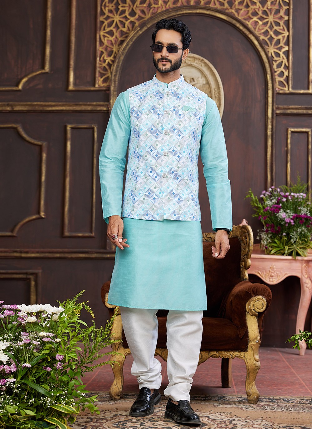 Digital Print Art Silk Firozi, Multi Colour Kurta Payjama With Jacket - M8724