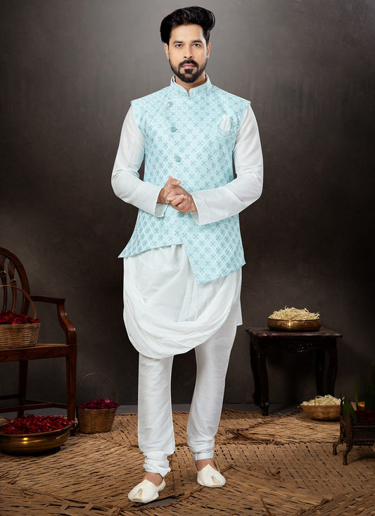 Embroidered Dupion Silk, Jacquard Firozi, Off White Kurta Payjama With Jacket - M4761