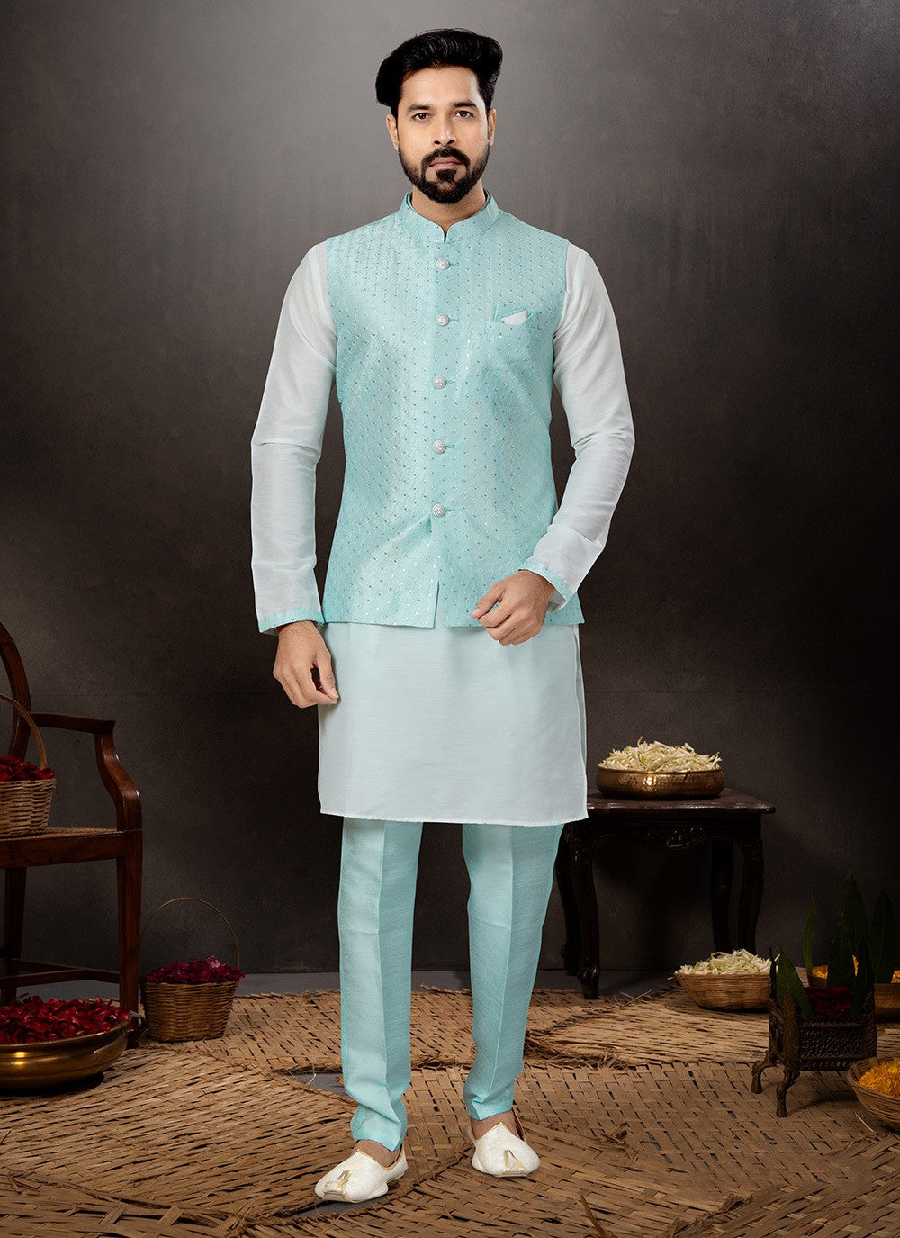 Embroidered Dupion Silk, Jacquard Firozi, Off White Kurta Payjama With Jacket - M4763