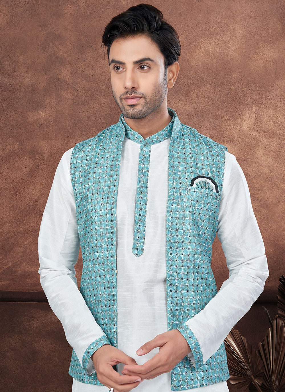 Fancy Work Dupion Silk, Jacquard Firozi, White Kurta Payjama With Jacket - M8673