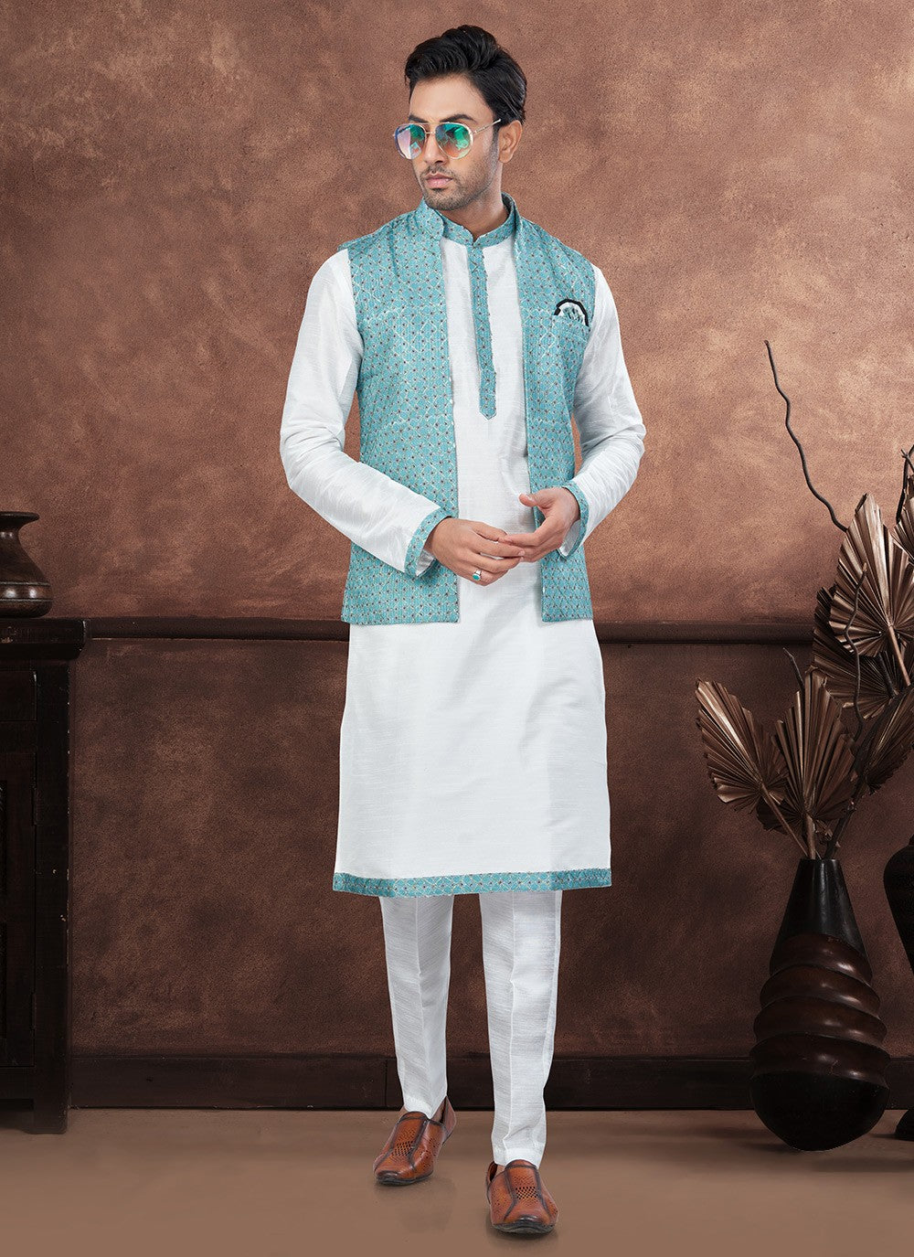 Fancy Work Dupion Silk, Jacquard Firozi, White Kurta Payjama With Jacket - M8673