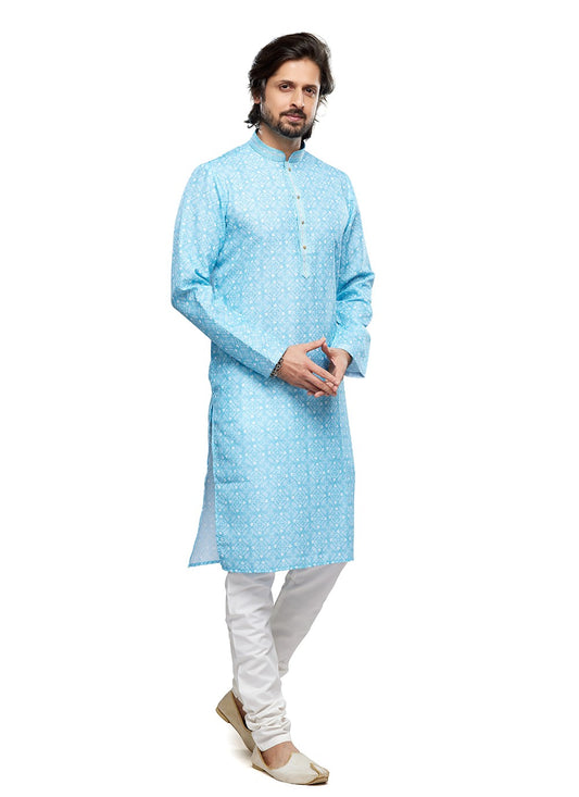 Digital Print Cotton Firozi Kurta Pyjama - M6736