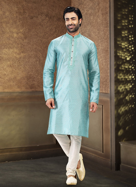 Fancy Work Banarasi Silk, Jacquard Firozi Kurta Pyjama - M4867